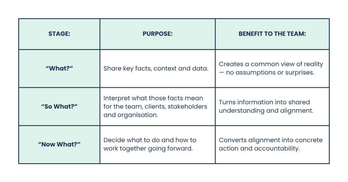 Infographic to show the process of What, So What, Now What